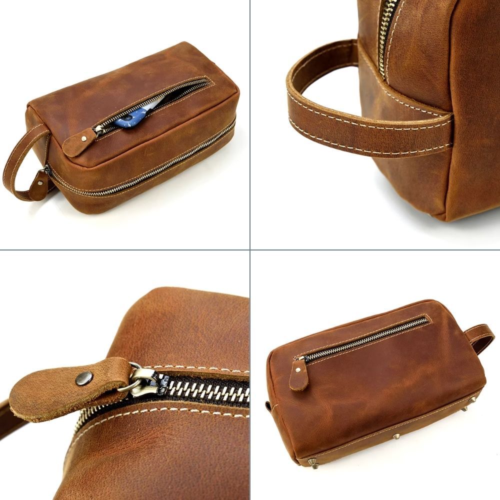 trousse de voyage en cuir marron pour soins masculins