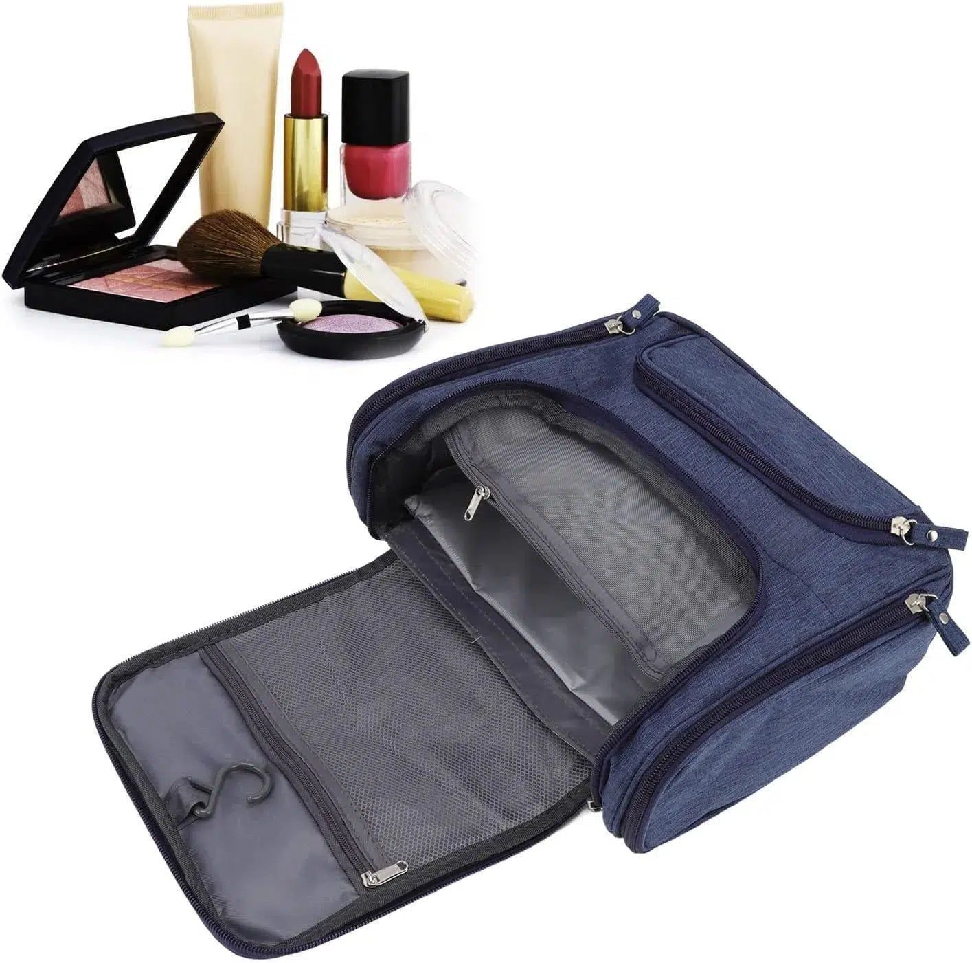 trousse de toilette bleue pour femme en voyage