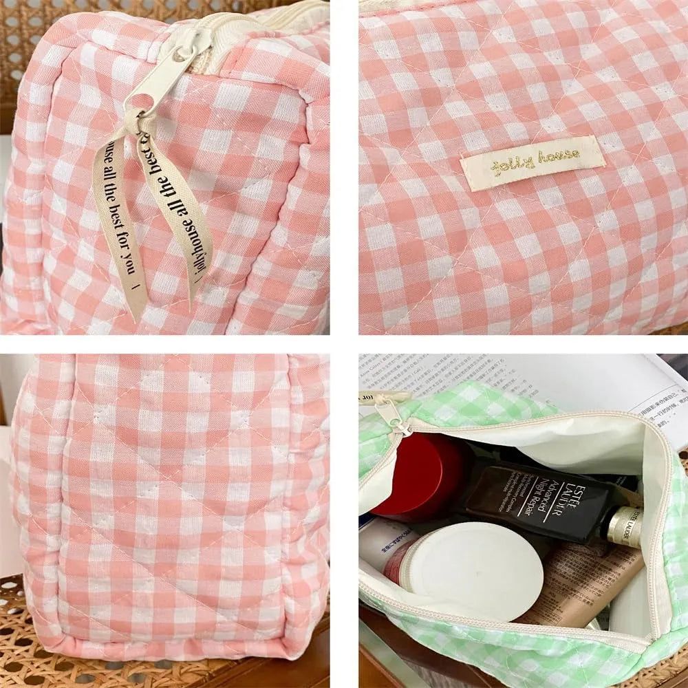 trousse de toilette matelassée rose à carreaux pour femme