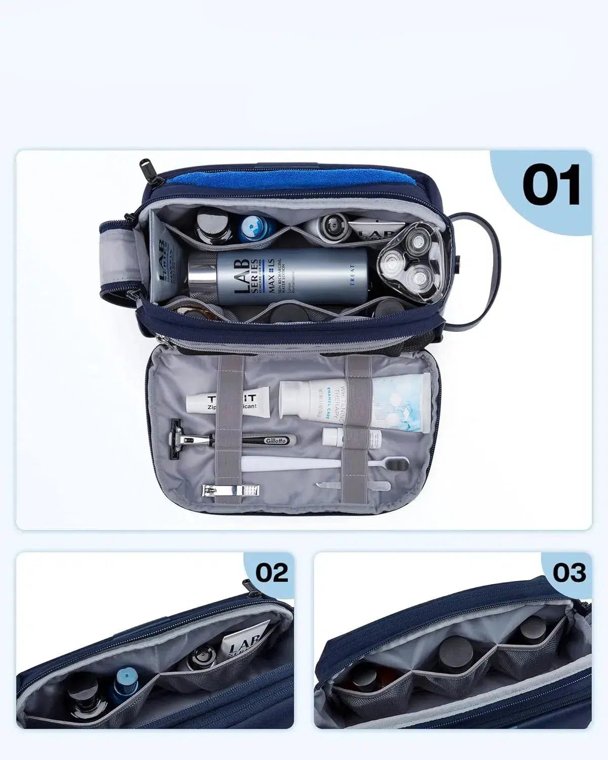 accessoire de toilette bleu pour homme en voyage