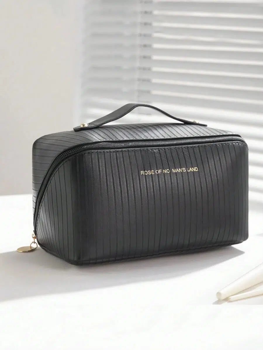 Trousse De Toilette Voyage Rayures Noire En Cuir Femme