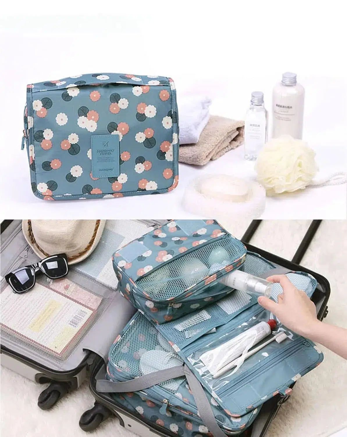 trousse de soin femme en tissu bleu fleuri