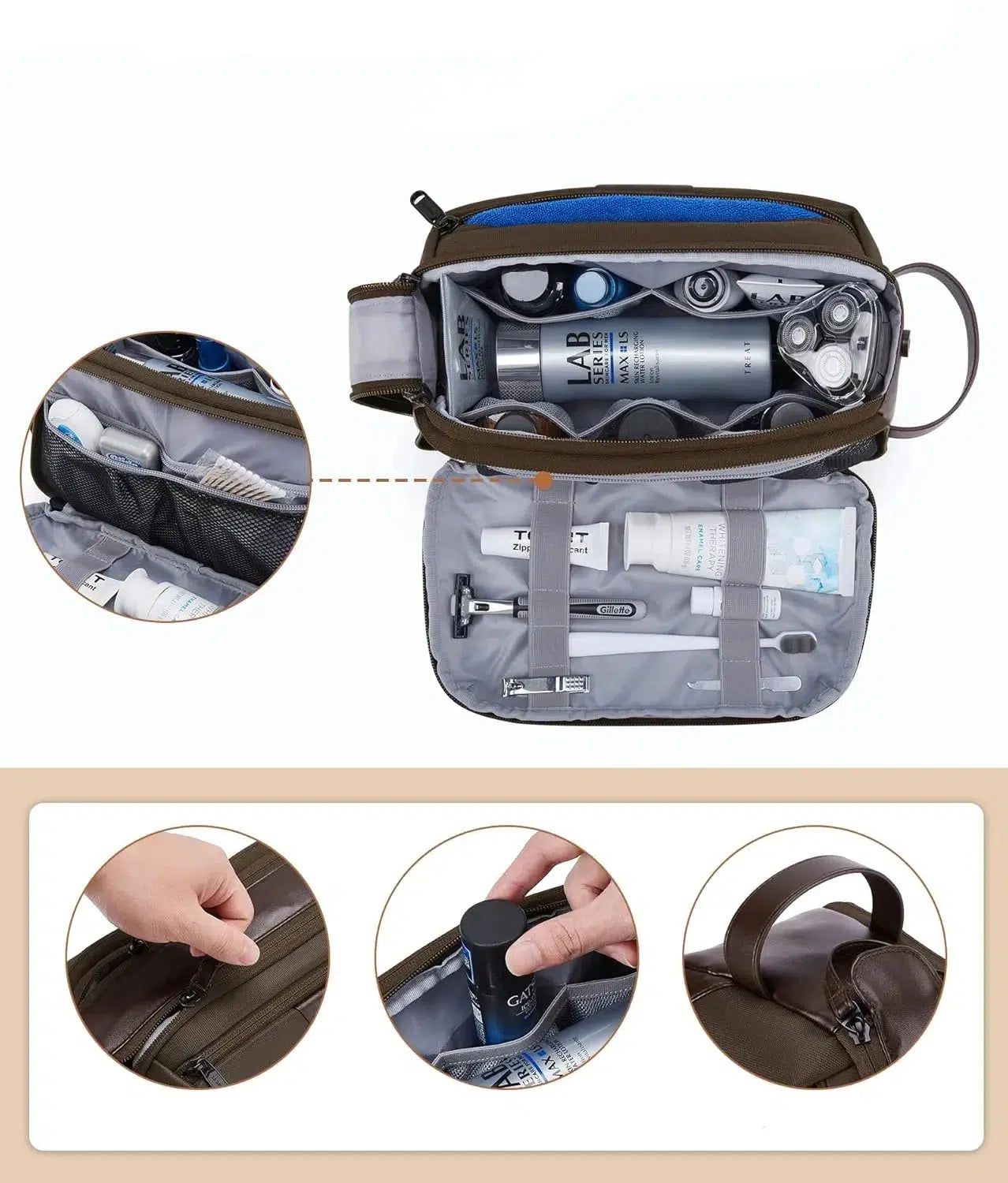 trousse marron pour soins et hygiène en voyage