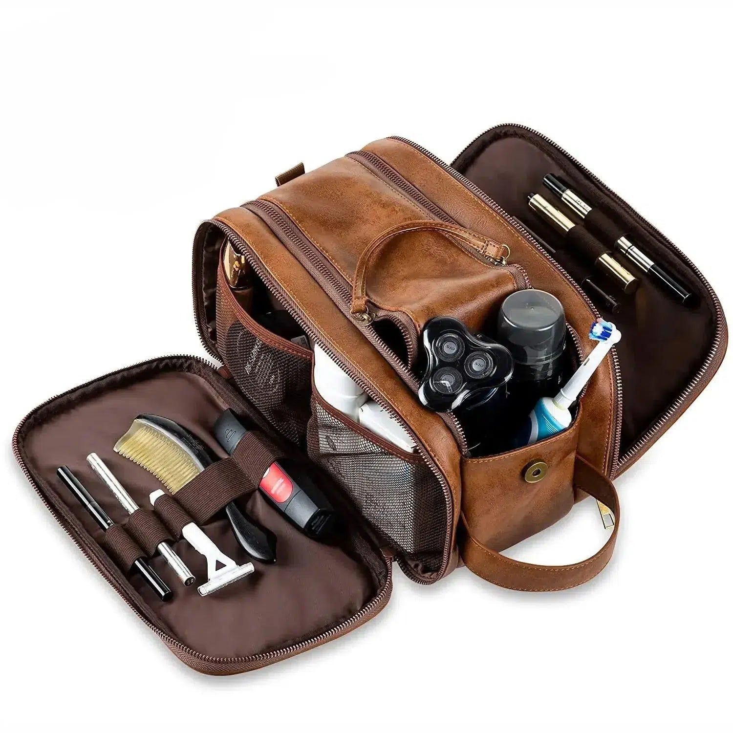 trousse de toilette en cuir marron vintage