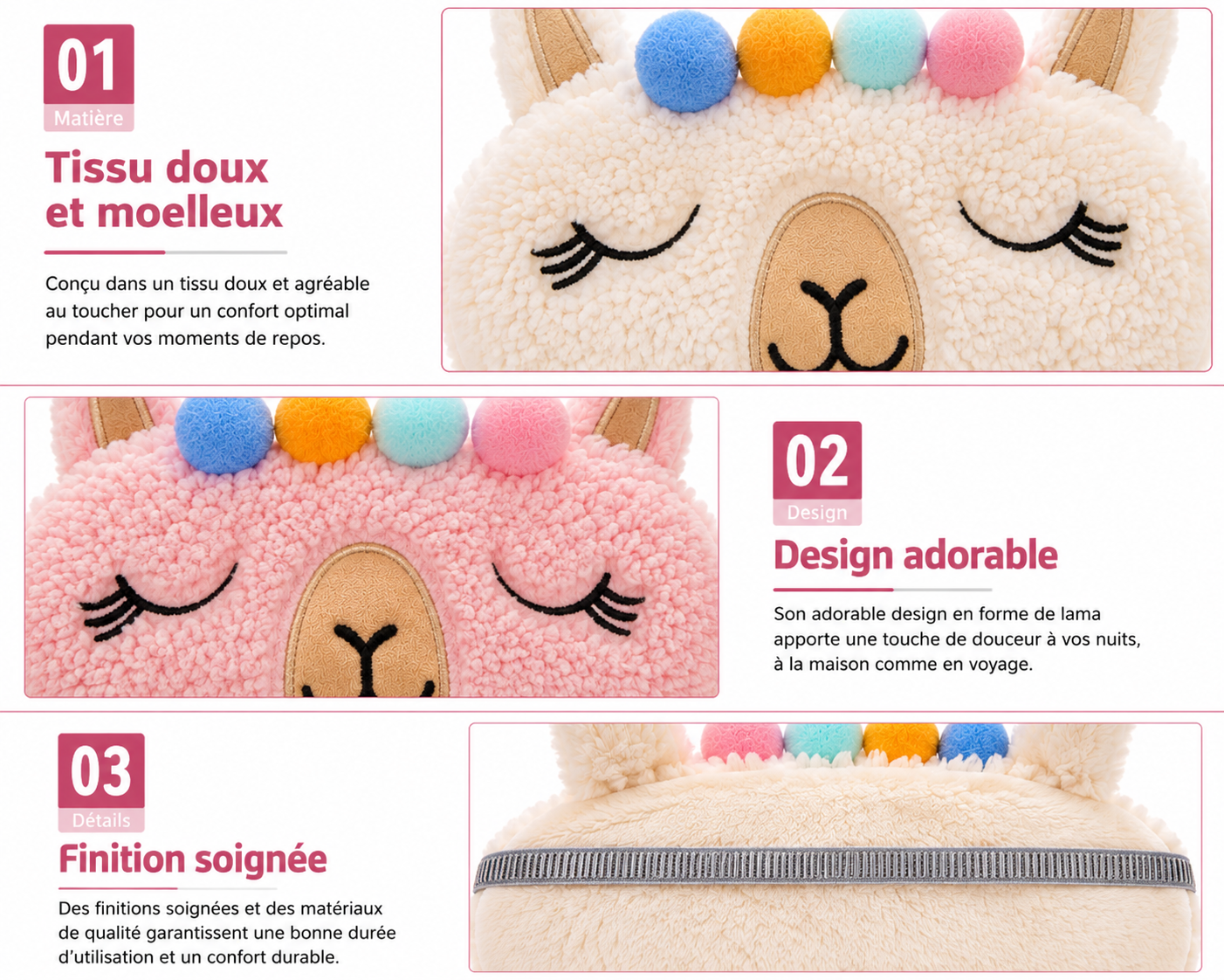 Masques de Nuit Lama (Lot de 2) Blanc & Rose – Image 4