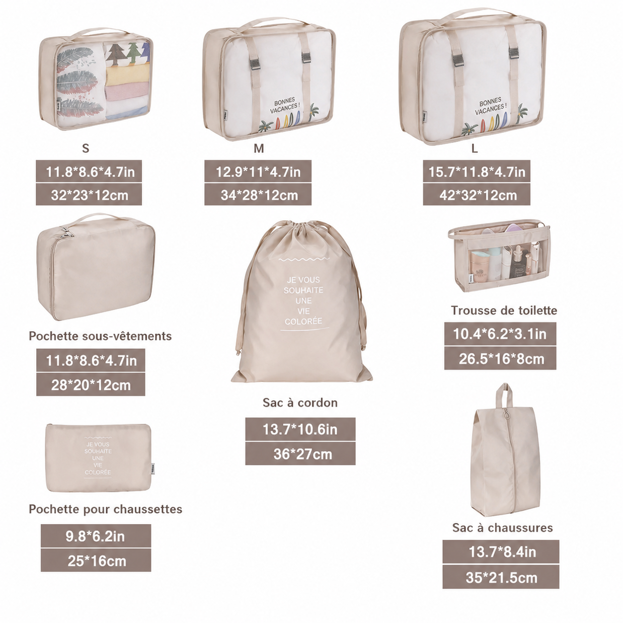Organisateurs de Valise Colorful Life Set de 8 Beige – Image 3