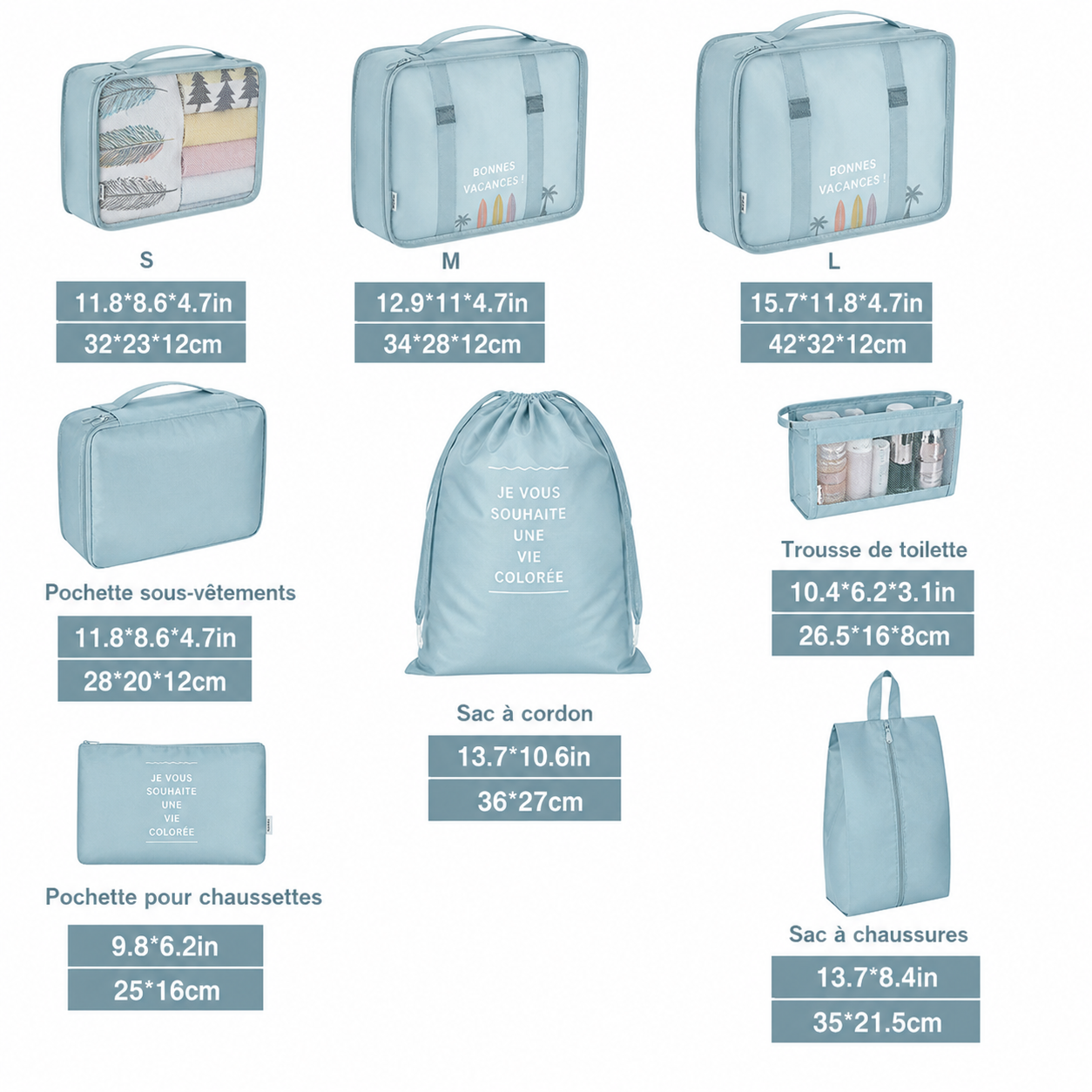 Organisateurs de Valise Colorful Life Set de 8 Bleu Ciel – Image 2