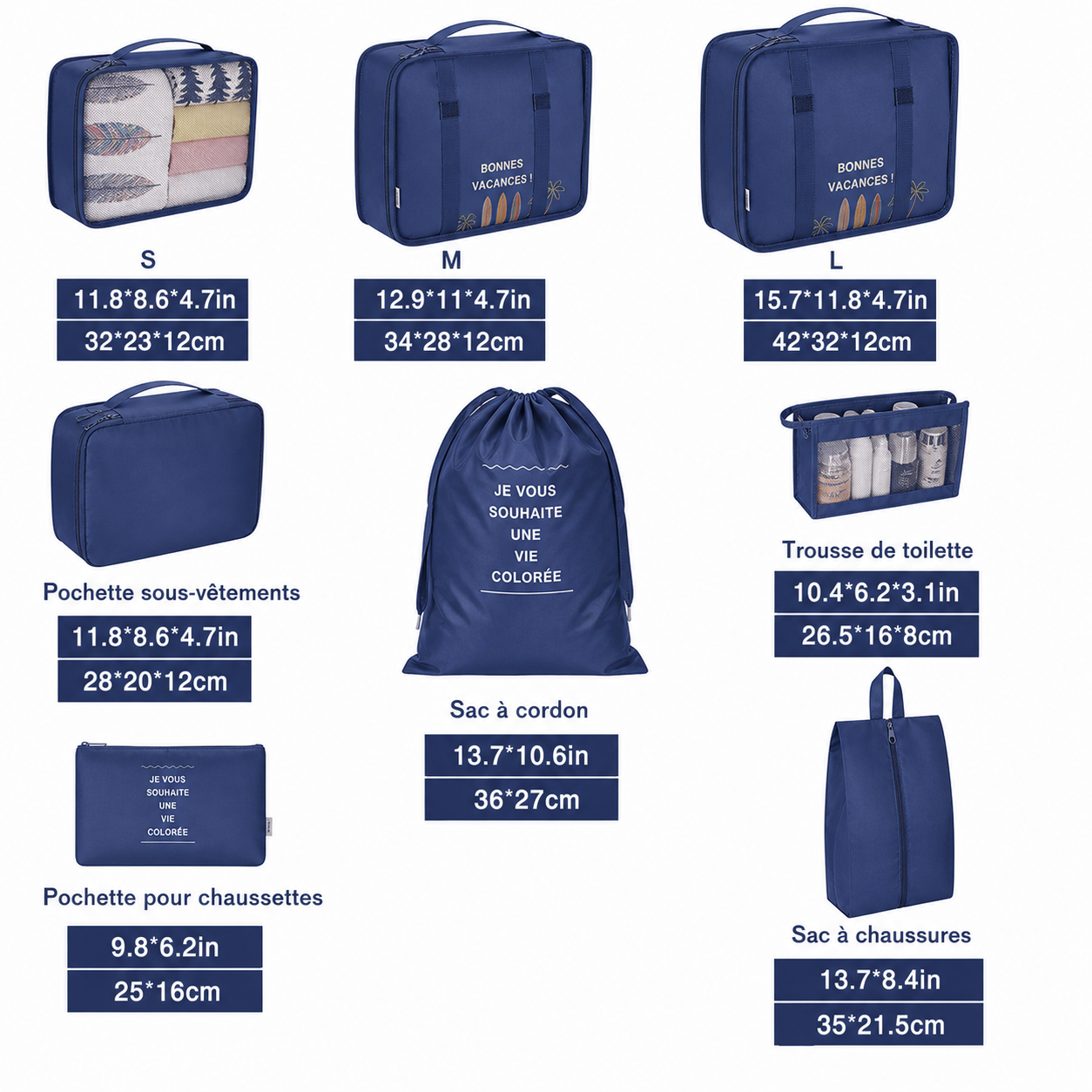 Organisateurs de Valise Colorful Life Set de 8 Bleu Marine – Image 2