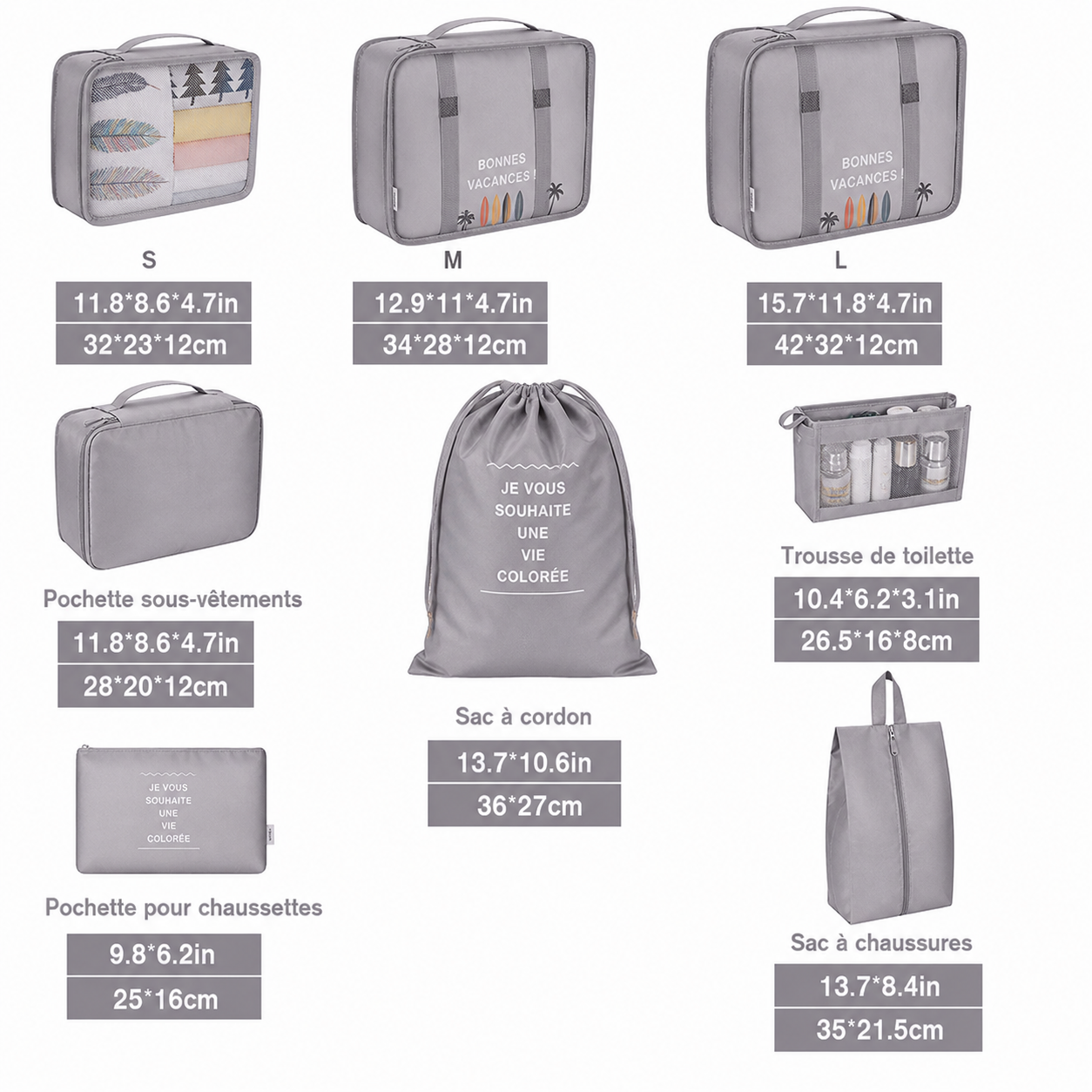 Organisateurs de Valise Colorful Life Set de 8 Gris – Image 2