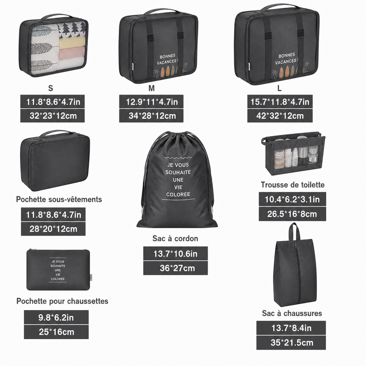 Organisateurs de Valise Colorful Life Set de 8 Noir – Image 2