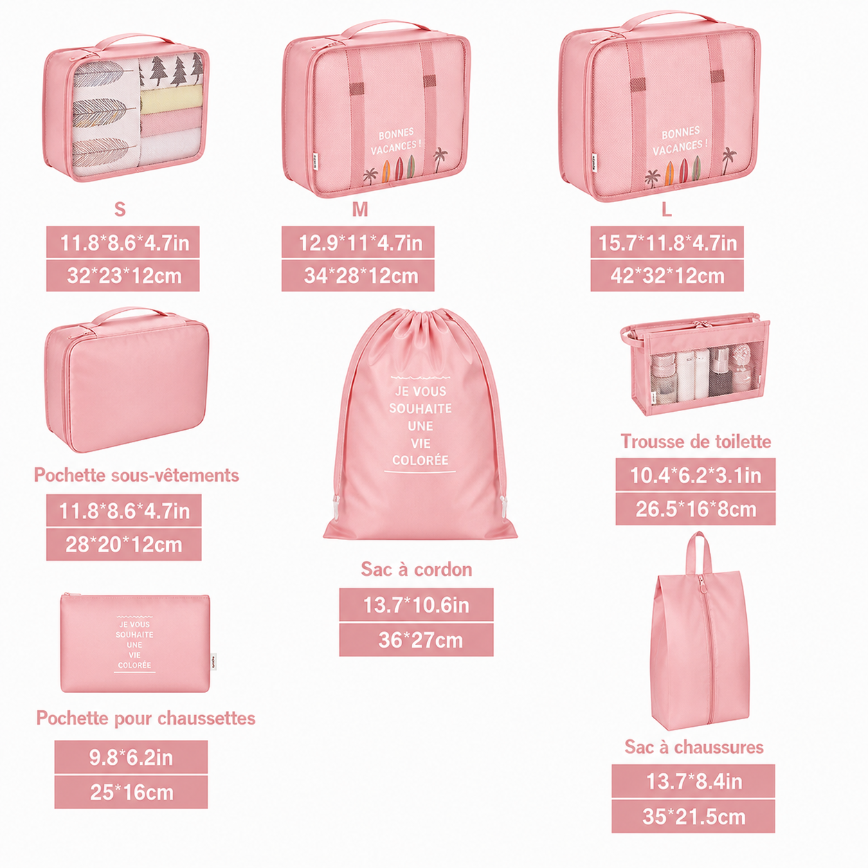 Organisateurs de Valise Colorful Life Set de 8 Rose – Image 2