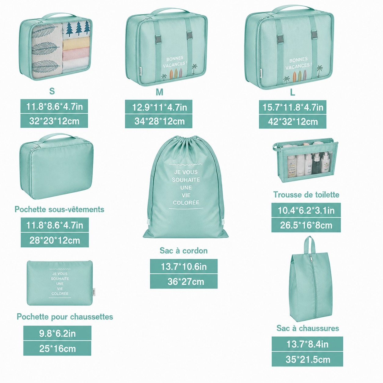 Organisateurs de Valise Colorful Life Set de 8 Turquoise – Image 2