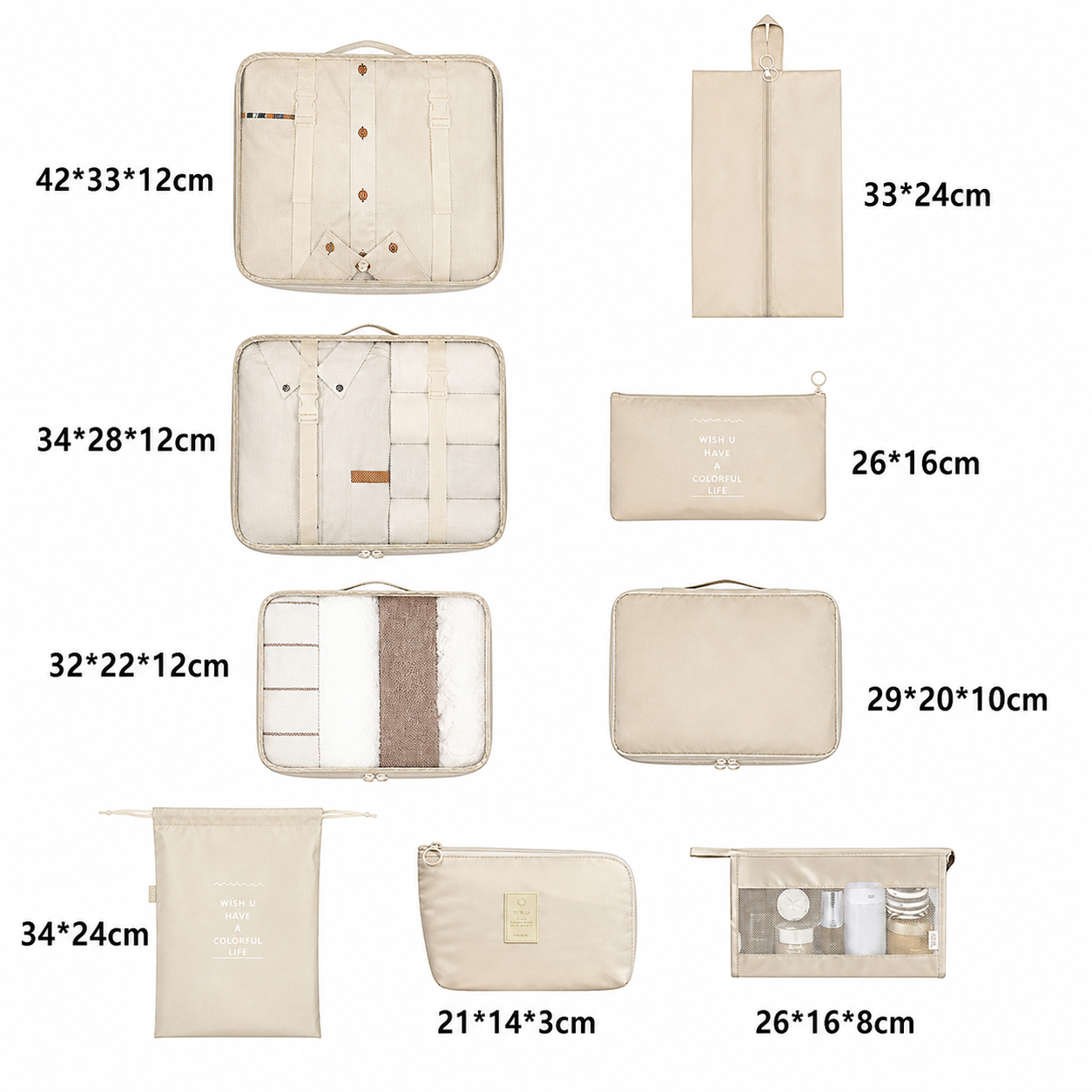Organisateurs de Valise Colorful Life Set de 9 Beige – Image 2