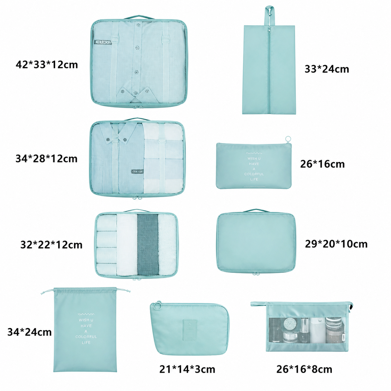 Organisateurs de Valise Colorful Life Set de 9 Turquoise – Image 2