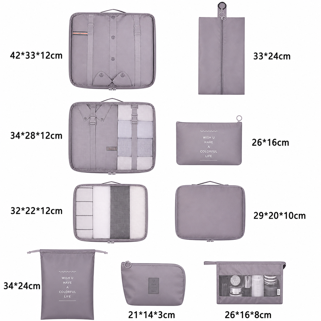 Organisateurs de Valise Colorful Life Set de 9 Gris – Image 2
