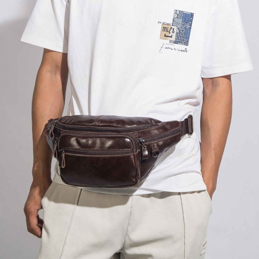Sacoche banane homme en cuir véritable vintage – Image 2