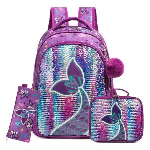 Cartable sac à dos fille à paillettes avec trousse et sacoche assortis