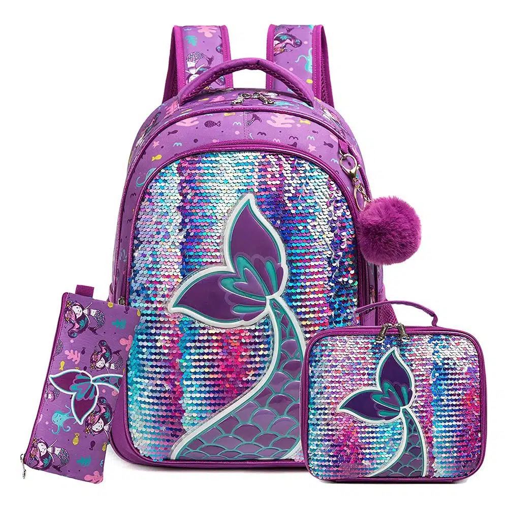 Cartable sac à dos fille à paillettes avec trousse et sacoche assortis