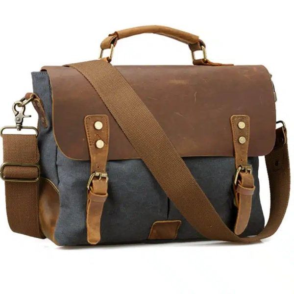 porte document en cuir et toile vintage