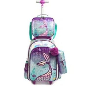 Sac à dos à roulettes fille bleu avec motif sirène