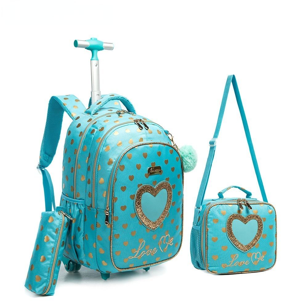 Sac à dos à roulettes fille turquoise avec coeur avec trousse et sac à bandoulière assortis
