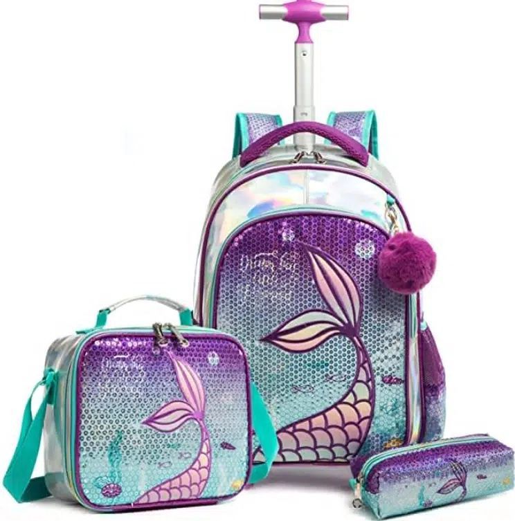 sac à dos bleu à roulettes avec motif sirène