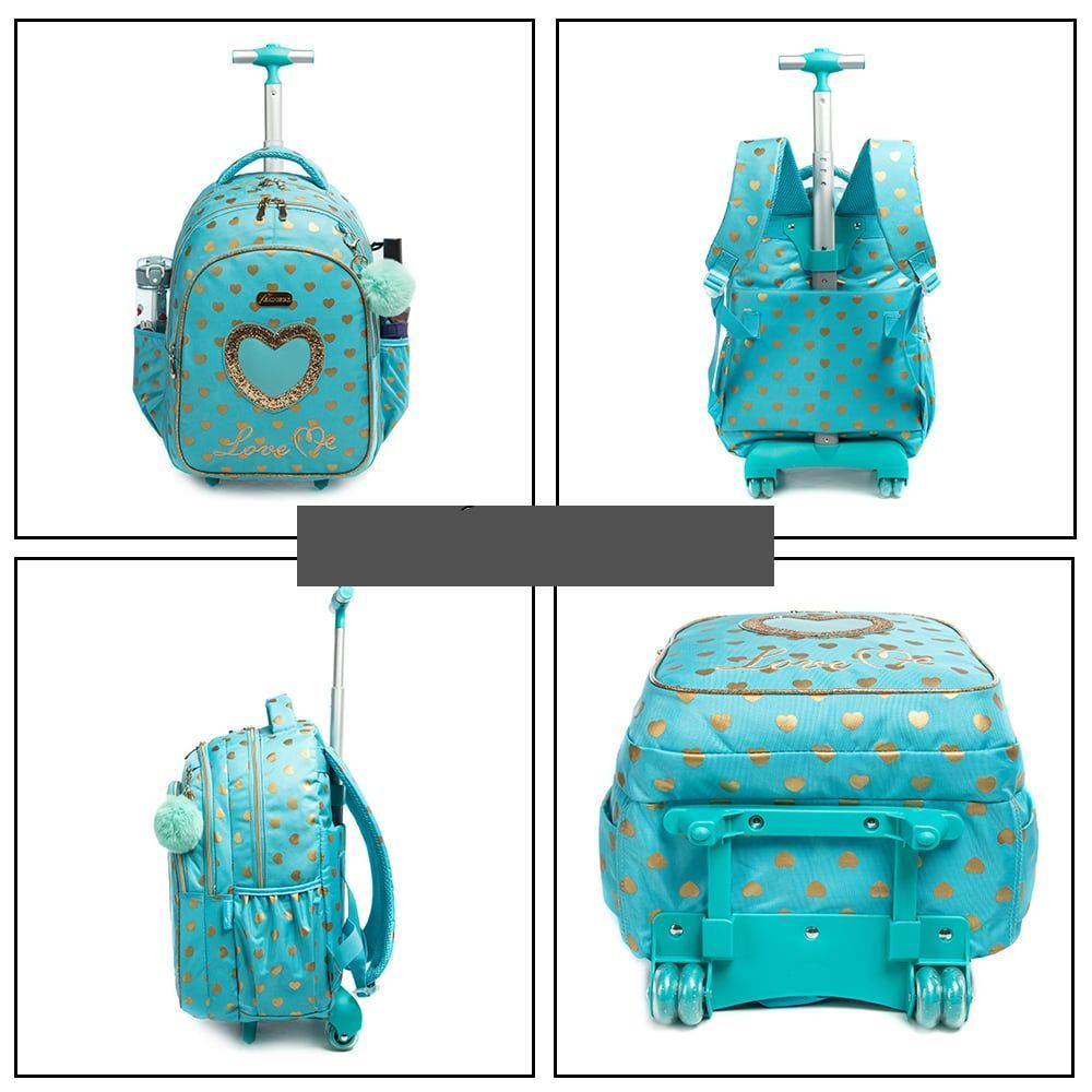 sac à dos fille turquoise avec roulettes et coeur