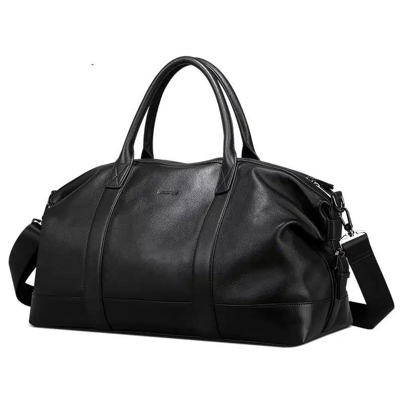 Sac de voyage casual noir en cuir avec bandoulière