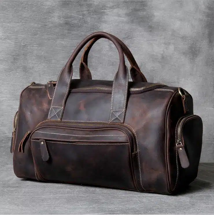 Sac de voyage en cuir véritable brun pour hommes de style retro luxueux